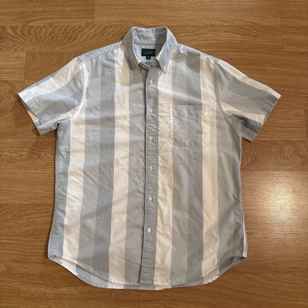 J Crew Oarsman Oxford Shirt Mens Medium Blue / White Striped Short Sleeve Preppy